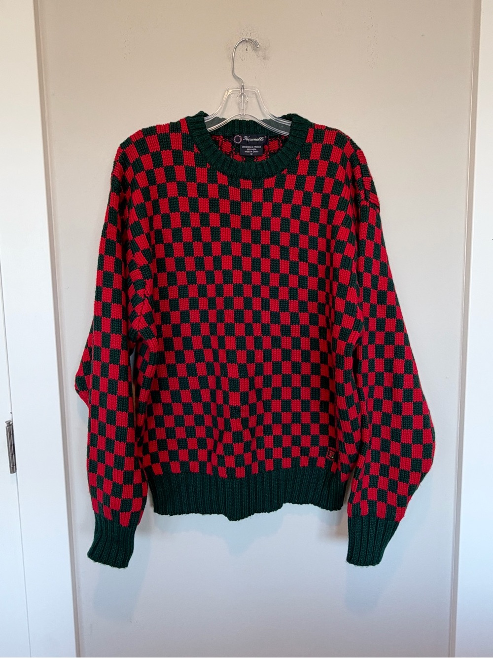 Faconnable Heavyweight Wool Red & Dark Green Checkerboard Crewneck Sweater